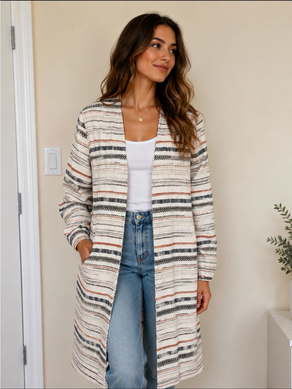 Striped Open Front Duster Coatigan in Cream , navy , rust  size medium